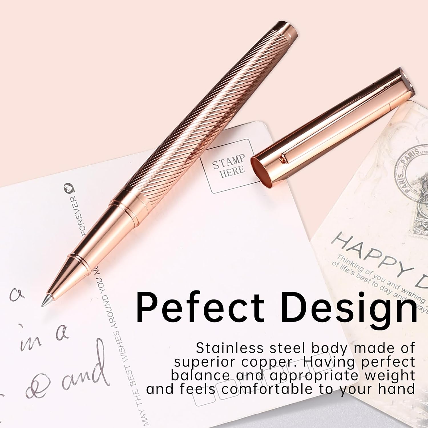 Women's Luxury Rosegold Stainless Steel Rollerball Pens Set - Smooth-Write Refillable Black Liquid Ink, Fancy Gift Box for Executive Office Use