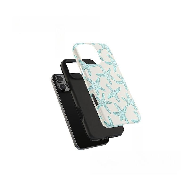 Turquoise Starfish on Off-White Coastal Print Phone Case — Compatible with Samsung S26/S25/S24/S23/S22/S21, iPhone 17/16/15/14/13/12/11, Drop-Resistant, Non-Slip, and Fade-Resistant, Nautical Summer Beach Protective Cover
