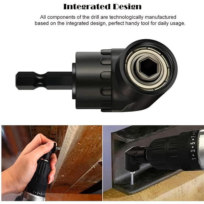 Right Angle Drill Attachment Set (6-Piece),including 3 pieces of 360-degree swiveling 1/4-inch, 3/8-inch, and 1/2-inch impact-grade socket adapters, 2 pieces of 105-degree hex shank angle adapters, and a 90-degree right angle drill bit,heavy-duty tool kit