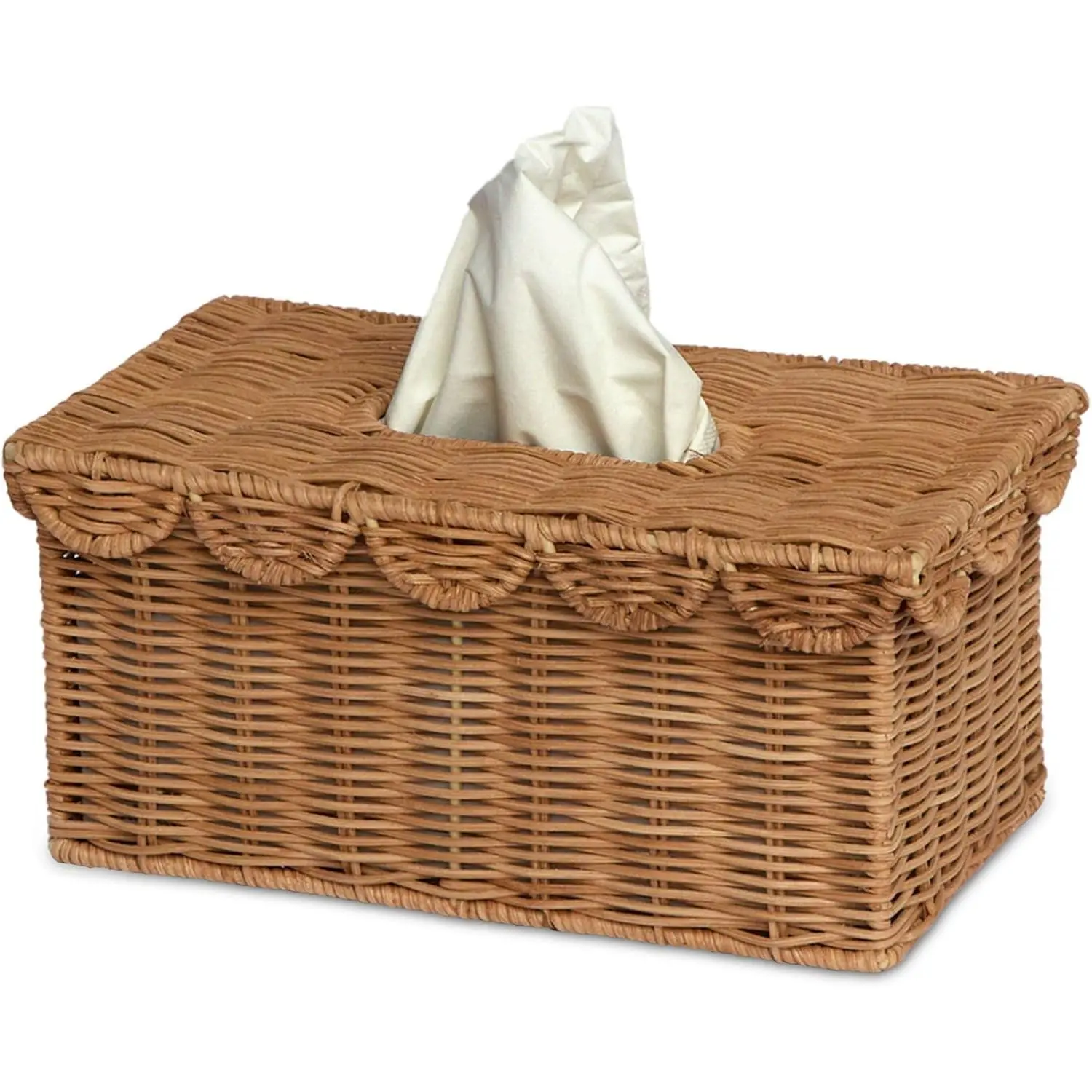 Handwoven Scalloped Rectangle Tissue Box Cover (8.6 × 5 × 4 in) | Handcrafted Rattan Tissue Box Cover, Elegant Home Accent, Scalloped, Wicker Decorative Facial Tissue Box Cover (Mocca)