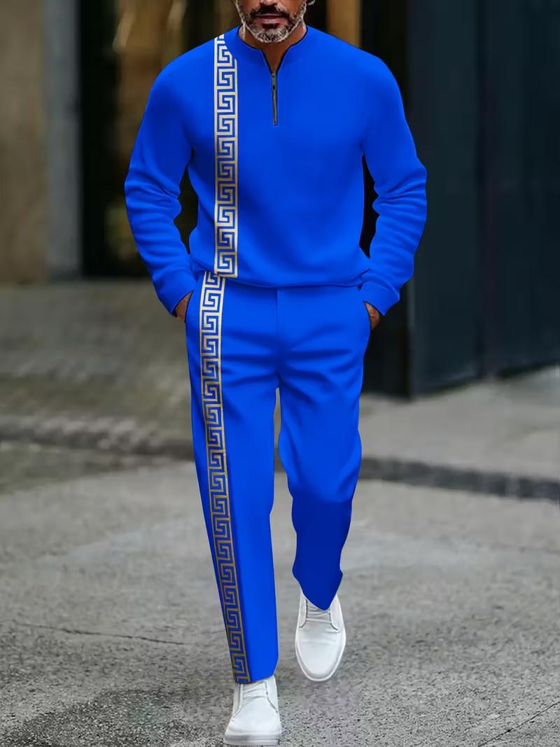 Men's European American-Style Sportswear Set Half-Zip Top & Matching Trousers Golden Greek Fretwork Design Comfortable Fabric for Daily Streetwear