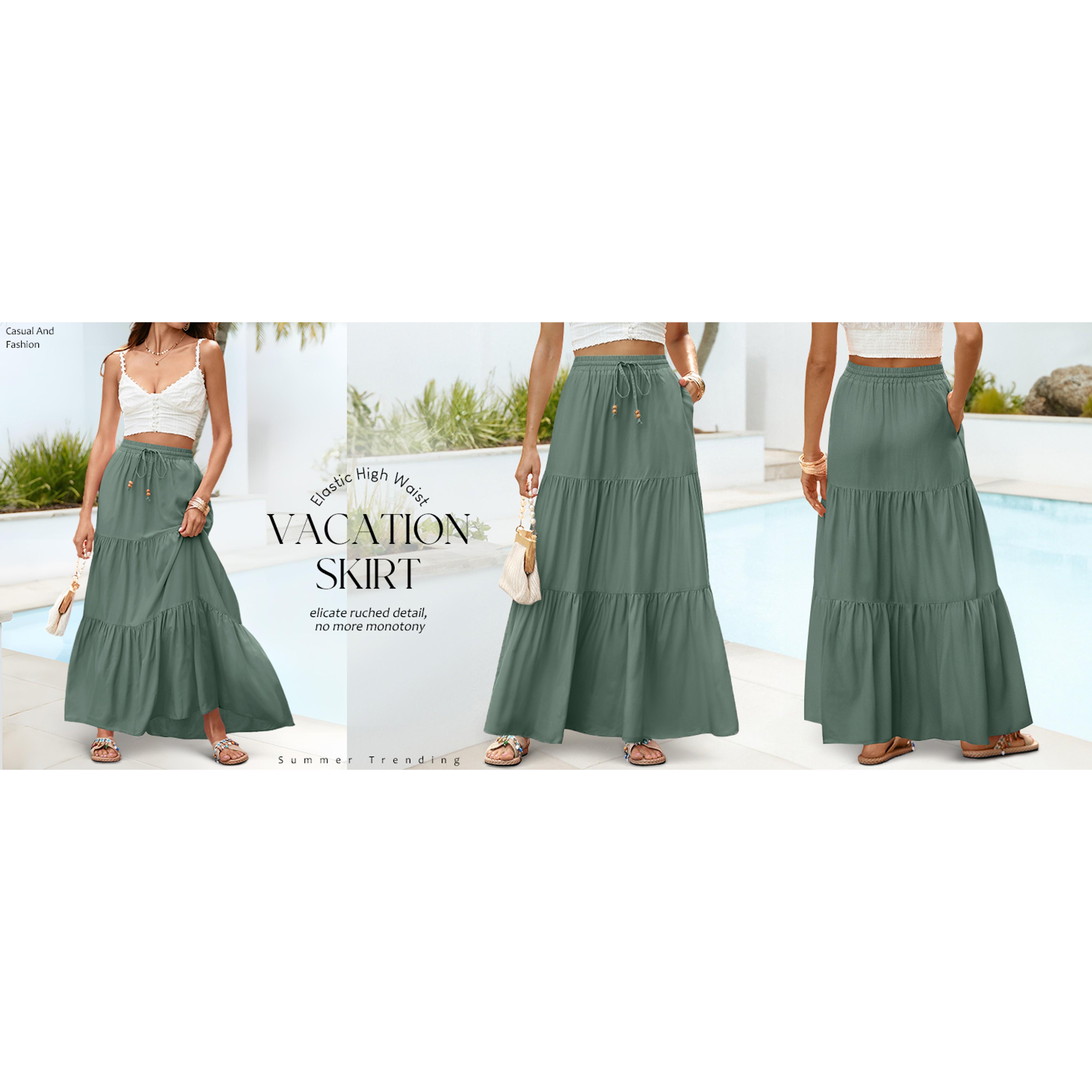 Women's Summer Boho Maxi Skirt A-Line Flowy Ruffle Tiered Elastic High Waist Beach Long Skirts with PocketsGift