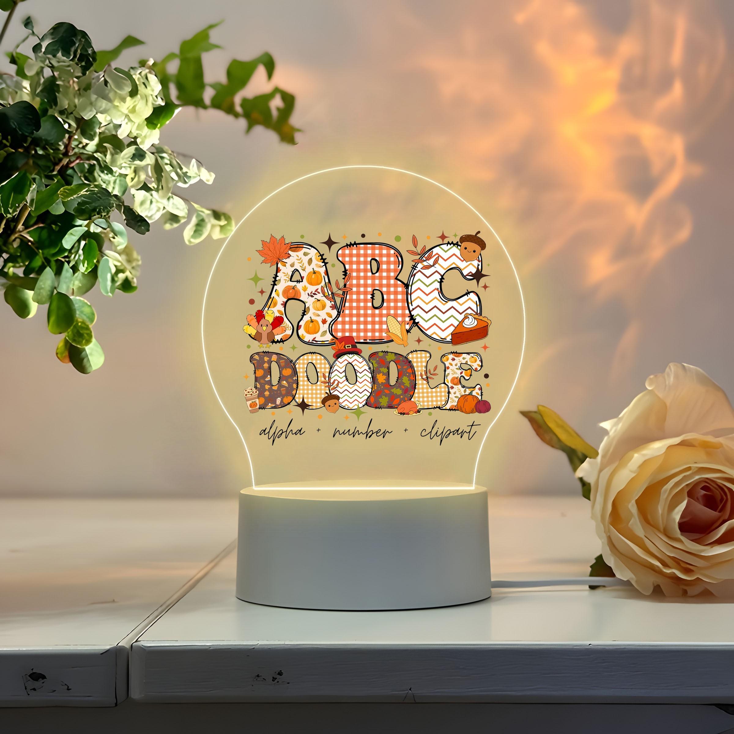 Acrylic Night Light with Thanksgiving Elements, Soft Warm Glow, Cartoon Hand-Drawn Style, Ideal for Kids' Room, Early Education, Gift