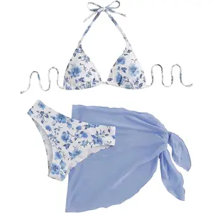 Women's 3 Piece Polka Dots Floral Bikini Set with Wrap Coverup Halter Triangle Swimsuits