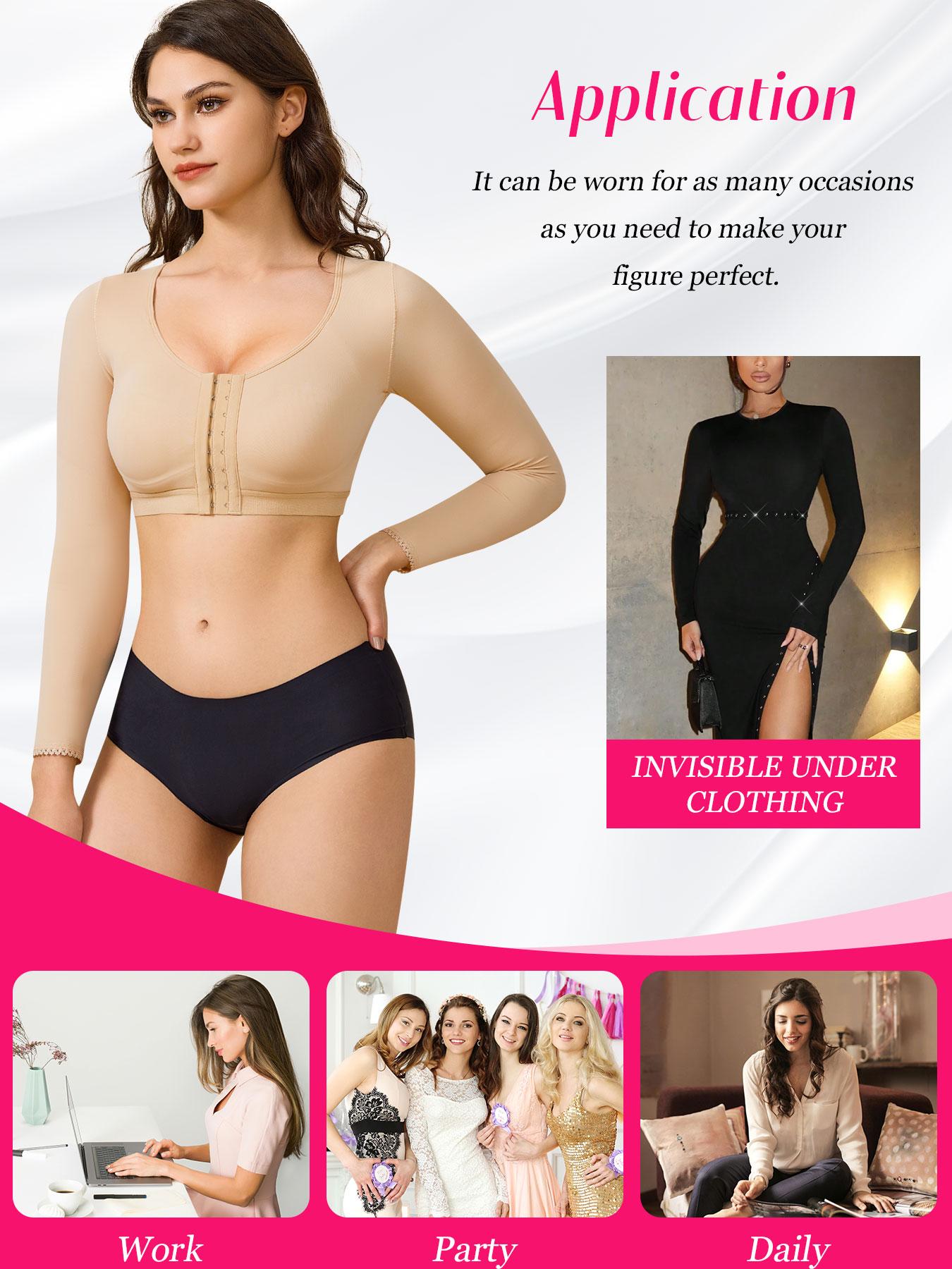 Women's Solid Long Sleeve Shapewear Top, High Stretch Front Buckle Design Shaper, Tummy Control Shapewear for Daily Wear halloween dailydrip comfyessentials wirelessbrareview wirelessbras midsize comfortablebras tiktokshopbacktoschool cleavagebra