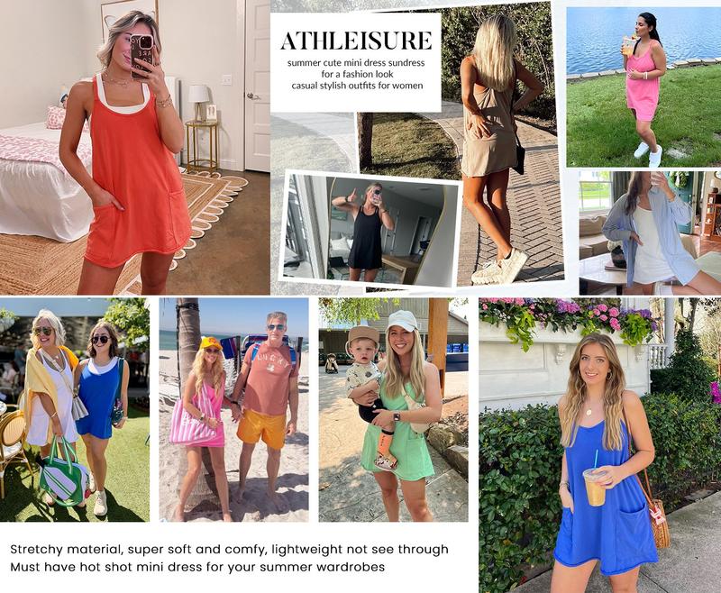 Tanming Women's Athletic Sleeveless Mini Dress with Built-in Shorts Summer V Neck Spaghetti Strap Short Spring Tennis Dress with Pockets