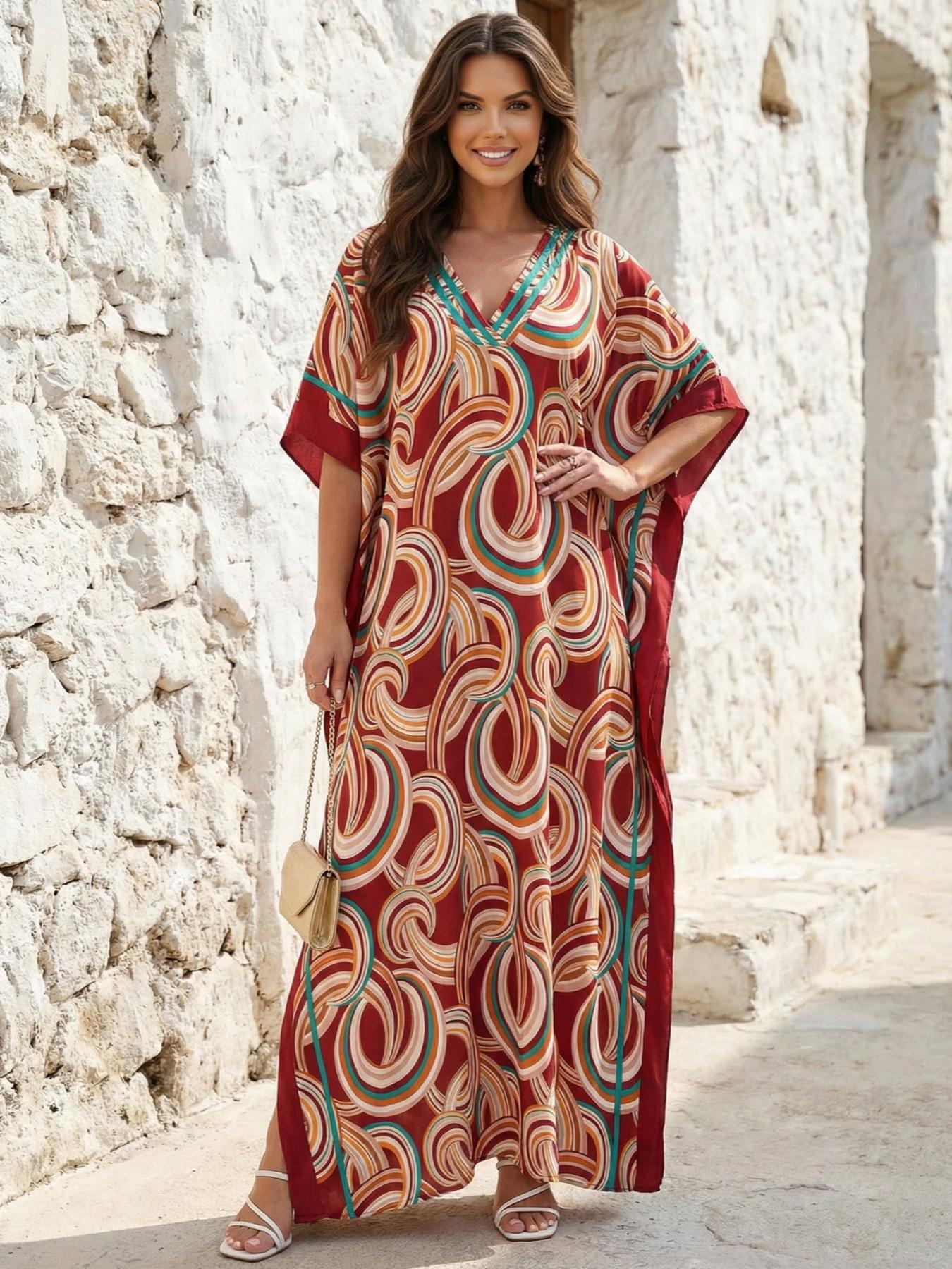 EDOLYNSA Leopard kaftans for woman caftan beach printing Moo Moo Dress casual cover up Bohemian daily wear Soft Homewear vacation party long dress lounge wear Q1615 Womenswear