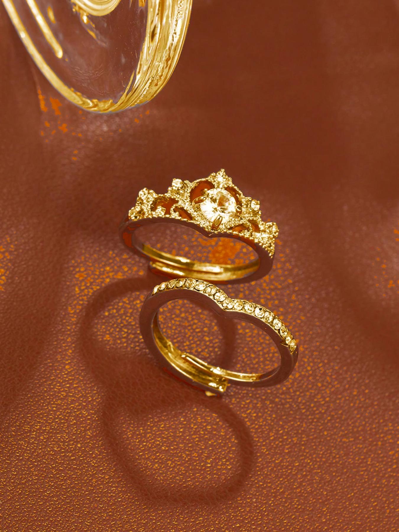 Proposal 2pcs/set Minimalist Elegant Plain Rhinestone Decor Crown Design Engagement Rings, Wedding Rings, Fashion Wishbone Ring Matching Rings Accessories for Women & Girls, Valentine's Day, Gift