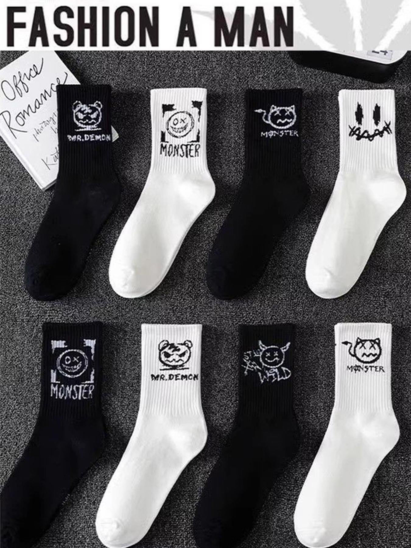 10 Pairs Ghost Face Graffiti Prints Long Socks, Trendy Basketball Sports Mid-Calf Socks, Random Style, All Seasons Fashion, Casual Daily Socks