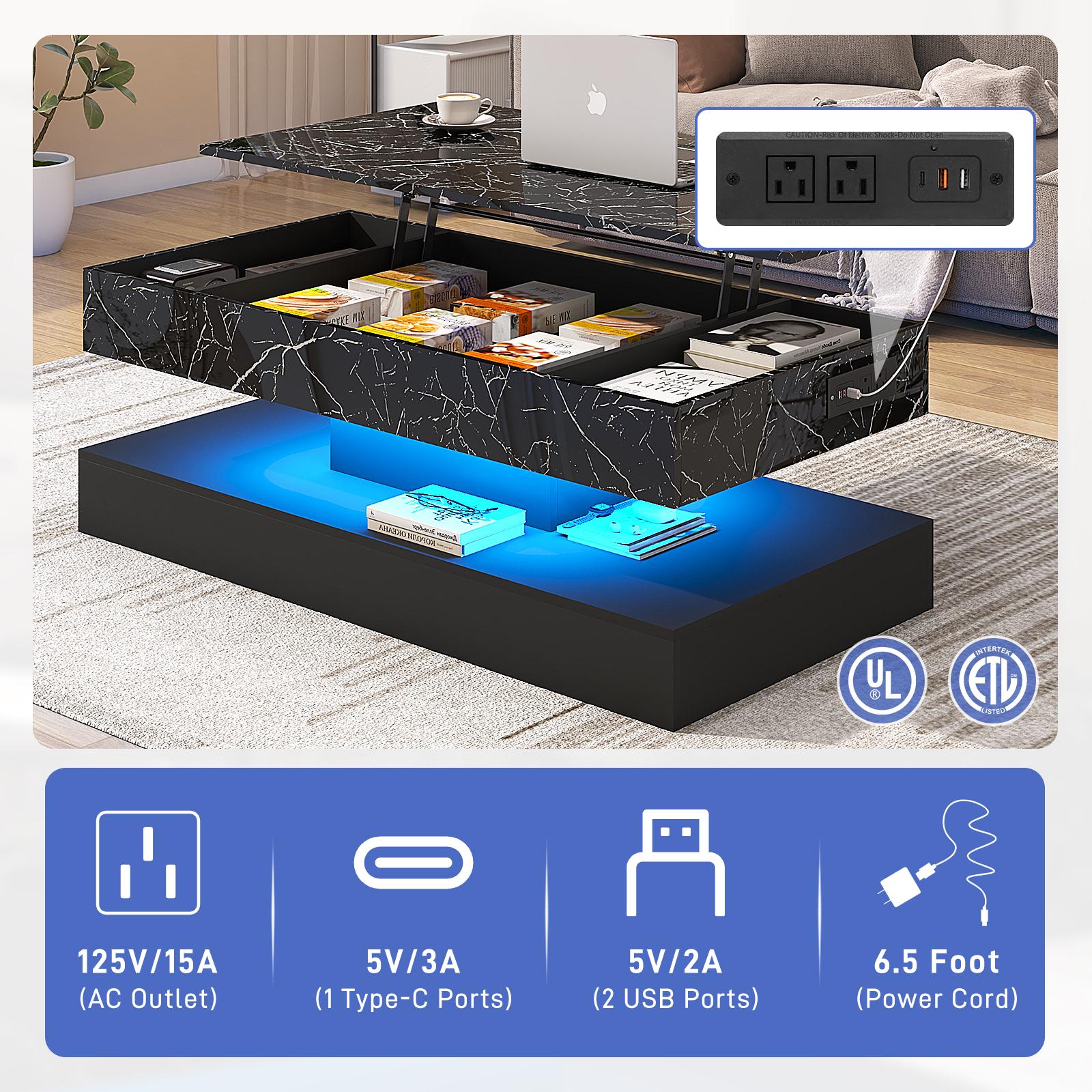 39.4"/47.2" Large Lift Top Coffee Table,Modern High Glossy LED Coffee Tables for Living Room with Storage,Black Living Room Tables for Living Room,Dining Room,Bedroom Home Office,APP LED Lights（Black/white）