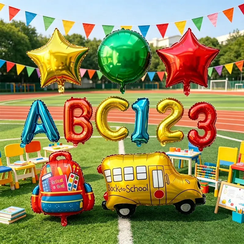 14-Piece Back-To-School Theme Aluminum Foil Balloon Set, Abc Letters and Numbers, Bus and Backpack Balloons, Classroom Decor, Party Supplies