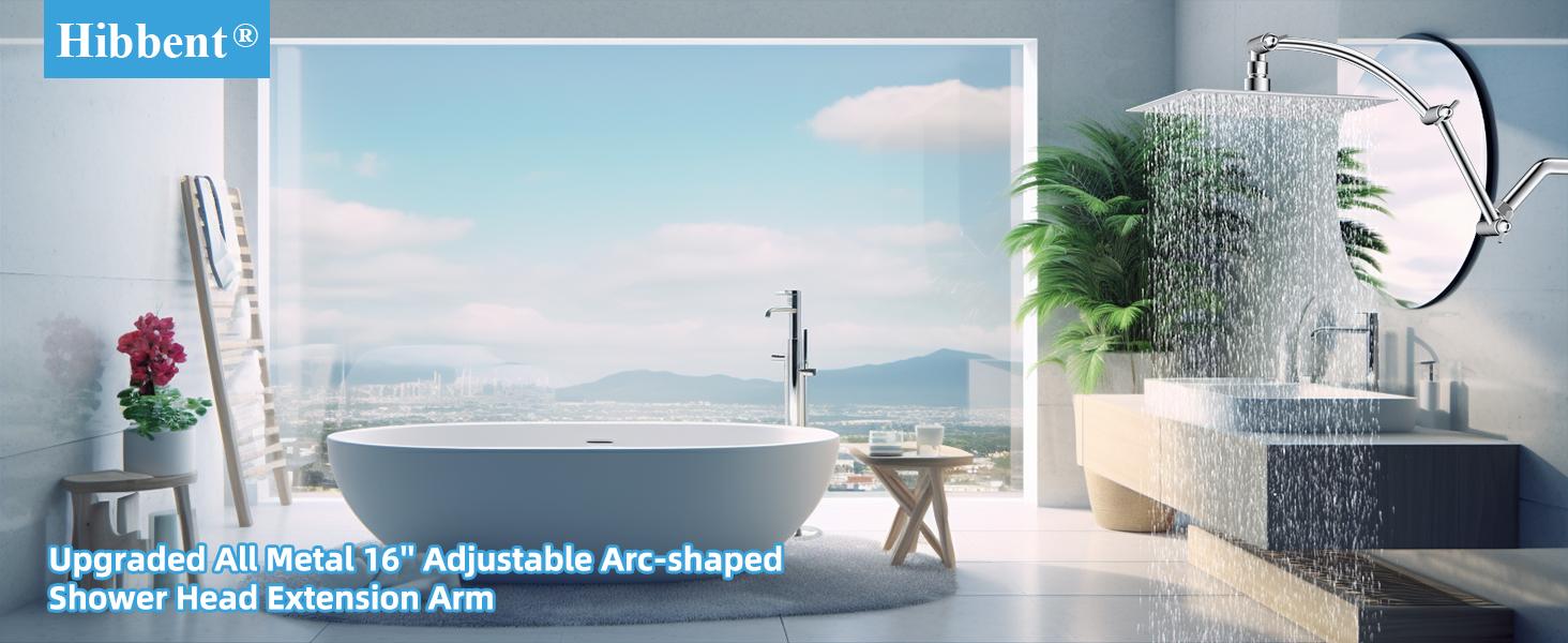 Hibbent All Metal 16'' Shower Head Extension Arm Solid Brass Flexible Height & Angle Adjustable Shower Arm Extender with Lock Joint, Universal Connection Stainless Steel Pipe Height Extending, Chrome（This product does not include a shower nozzle）