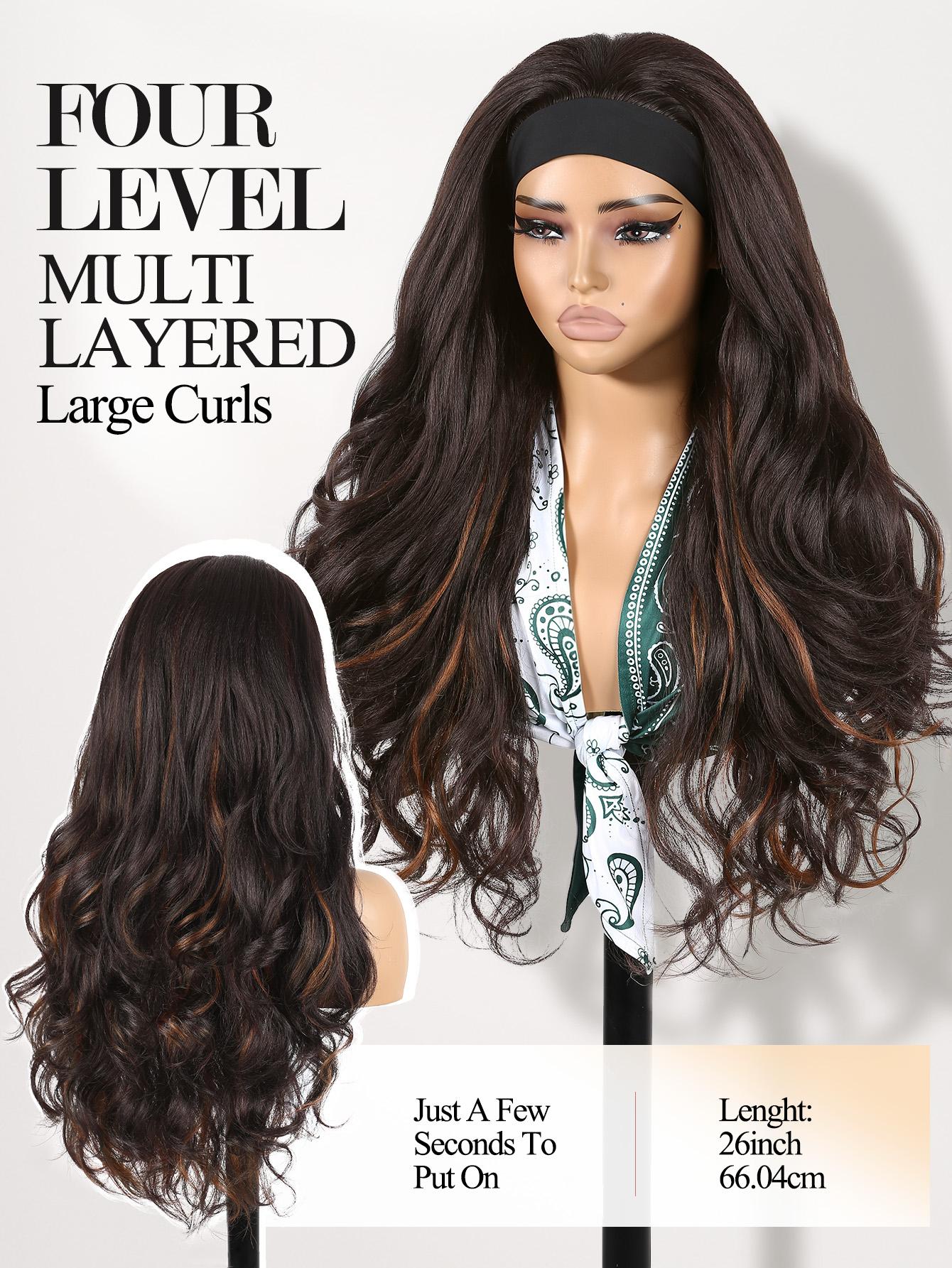Yaki Body Wave Headband Wig for Women, Synthetic Fiber Wigs Curly Wavy 26 Inch Long Kinky Straight, Glueless Lightweight, Heat Resistant, Daily Use