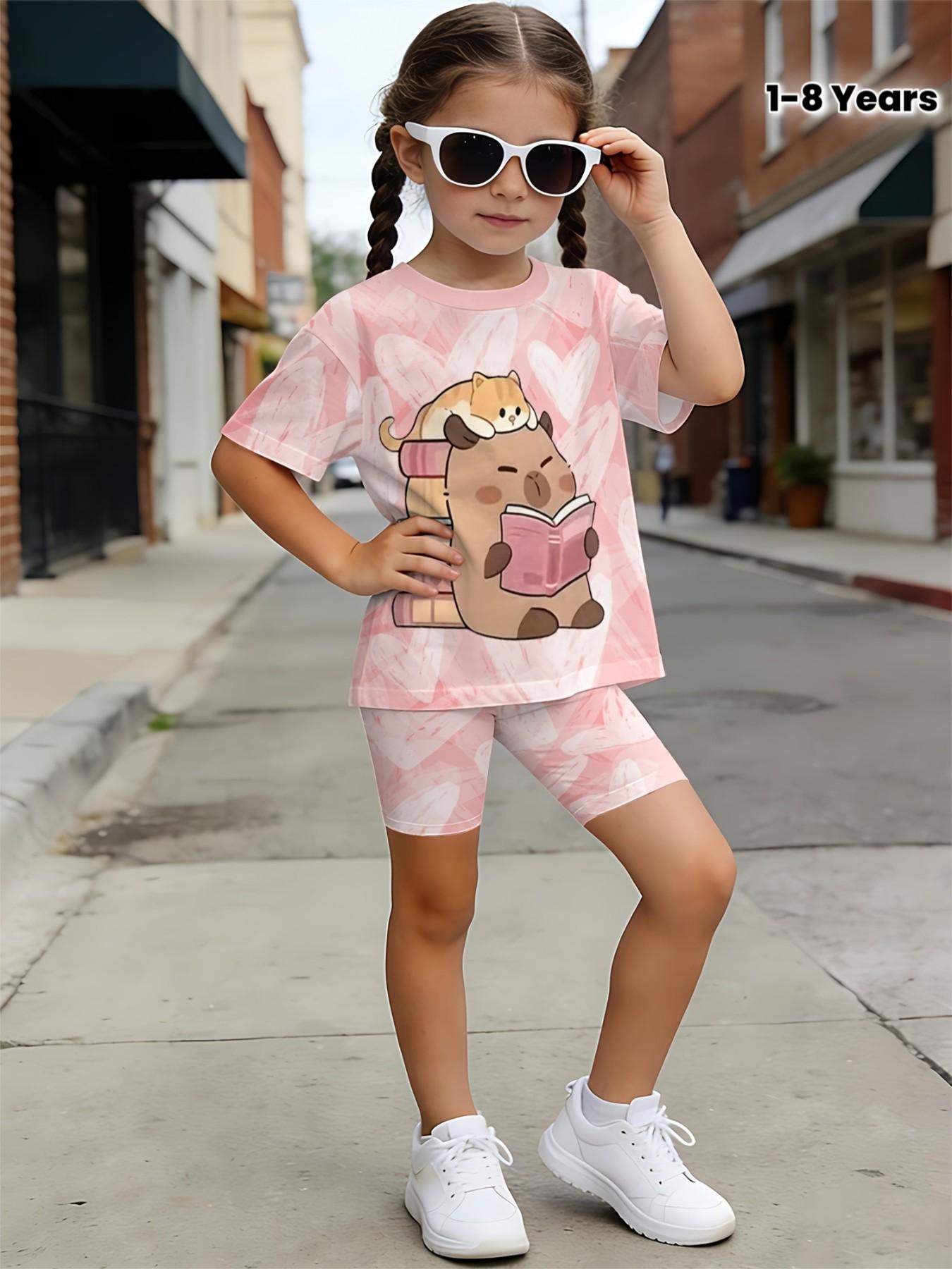 Dopamine Girl Capybara Short Sleeve Cycling Pants Set, Kids Active Casual Streetwear Two-Piece, Fun and Comfortable