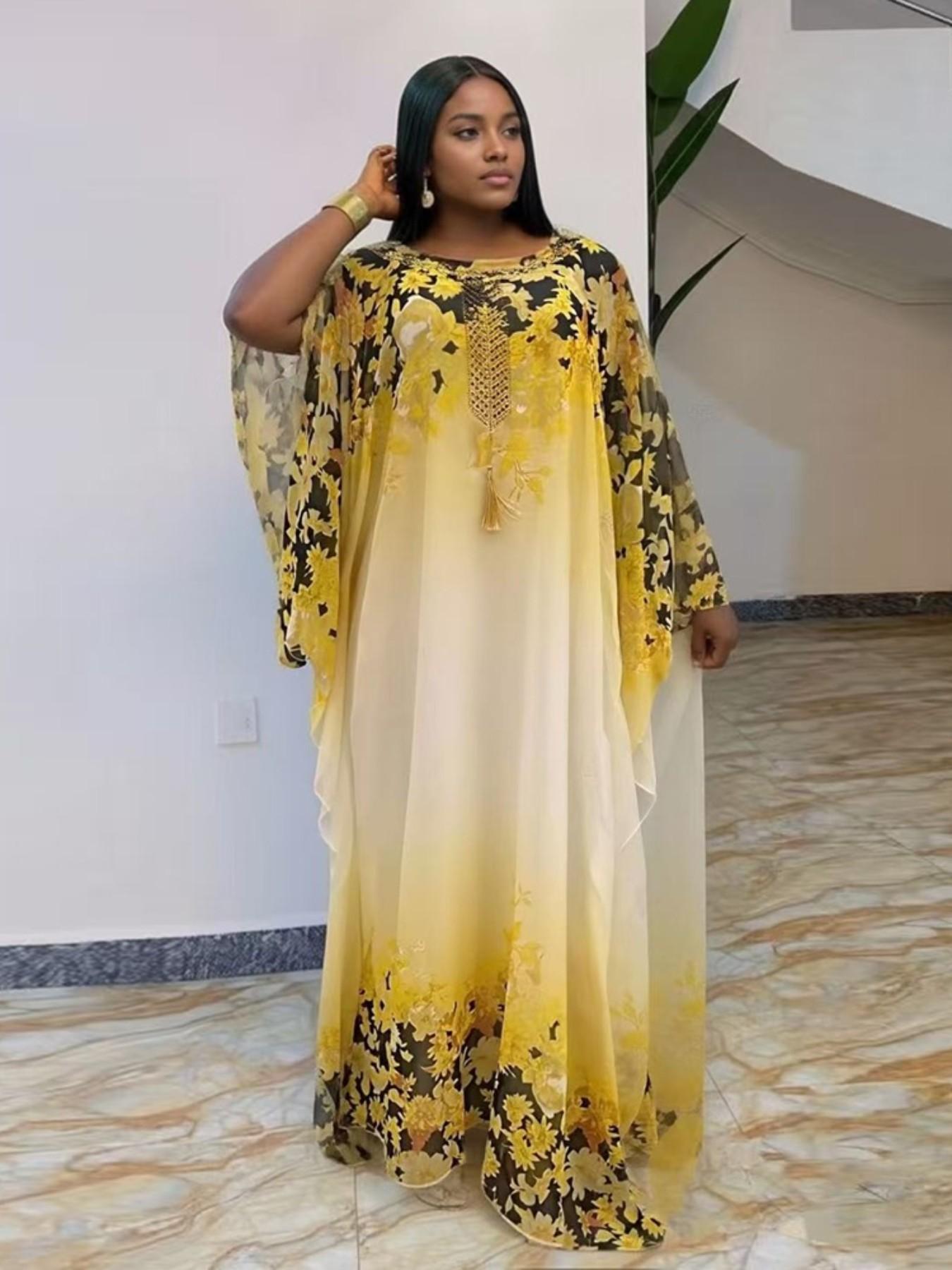 African Style Boho Gradient Print Chiffon Two-Piece Dress, Loose Fit Batwing Sleeve Long Gown, Muslim Commute Vacation Slimming Robe African Dress For Women With Headscarf, Classy Modest Dresses