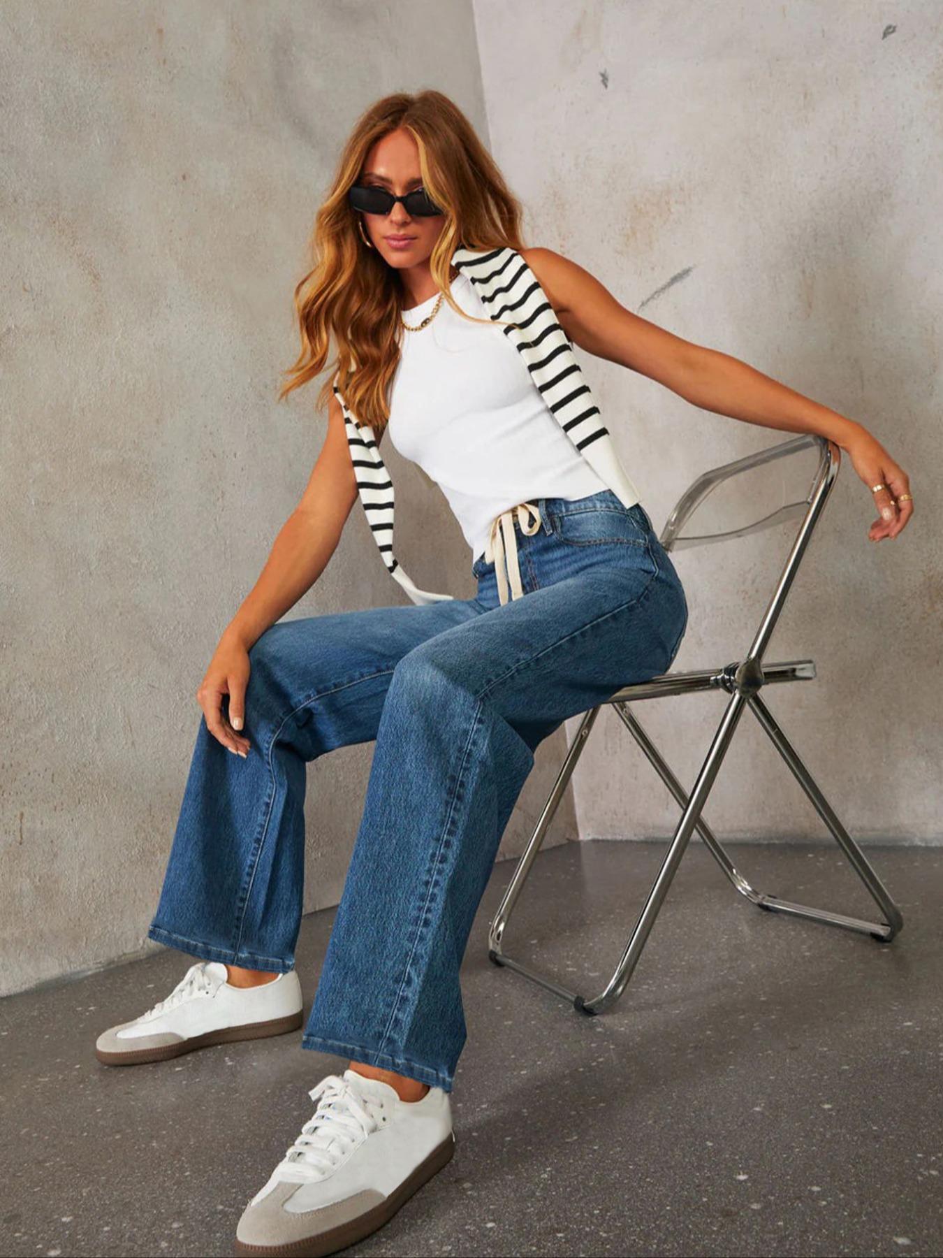 Women's Plain Drawstring Waist Jeans, Casual Fashion Denim Pants for Daily Wear, Ladies Bottoms for Spring & Fall, Casual Denim Trousers