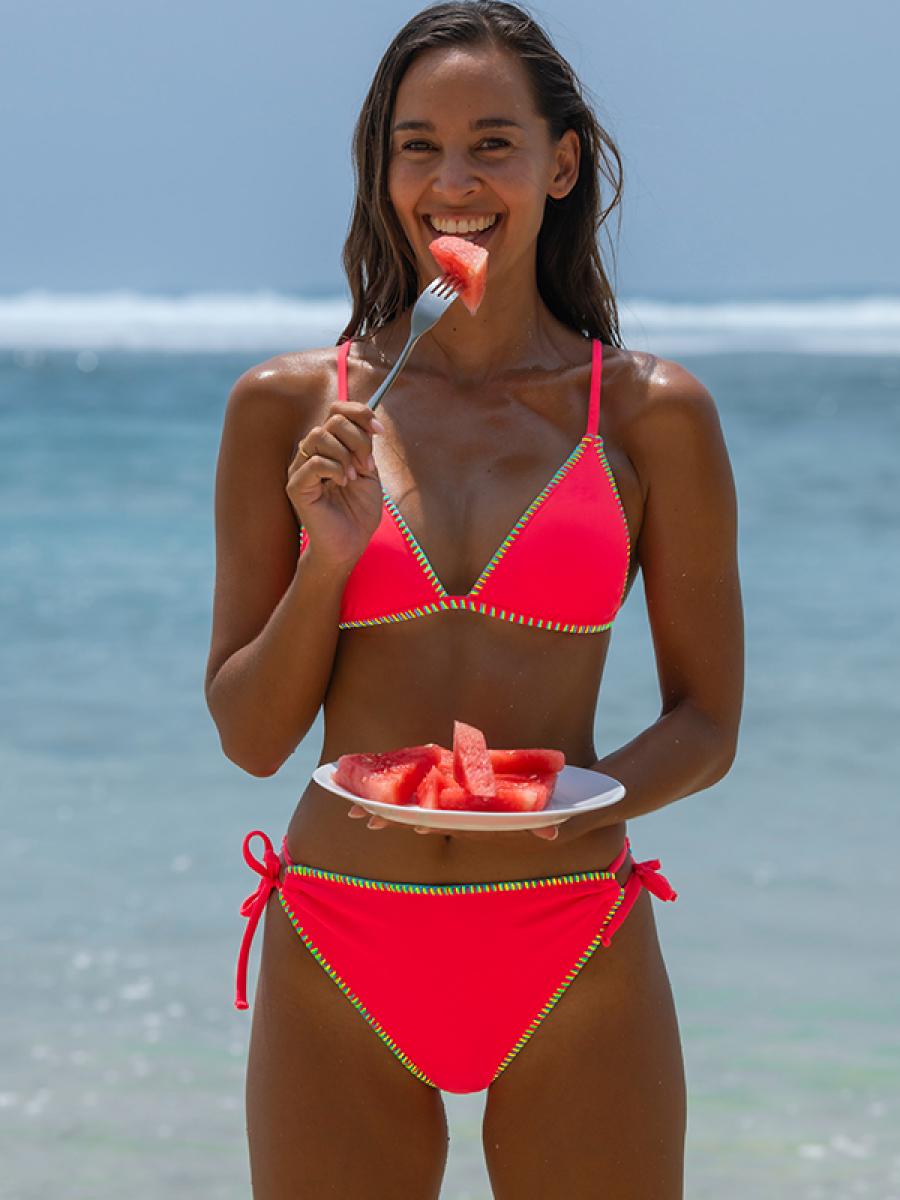 Popvil Folklore Solid Color Scallop Low Waist Bikini Set,Lace Up Scallop Detail Neon Swimsuit for Women,dealsforyoudays