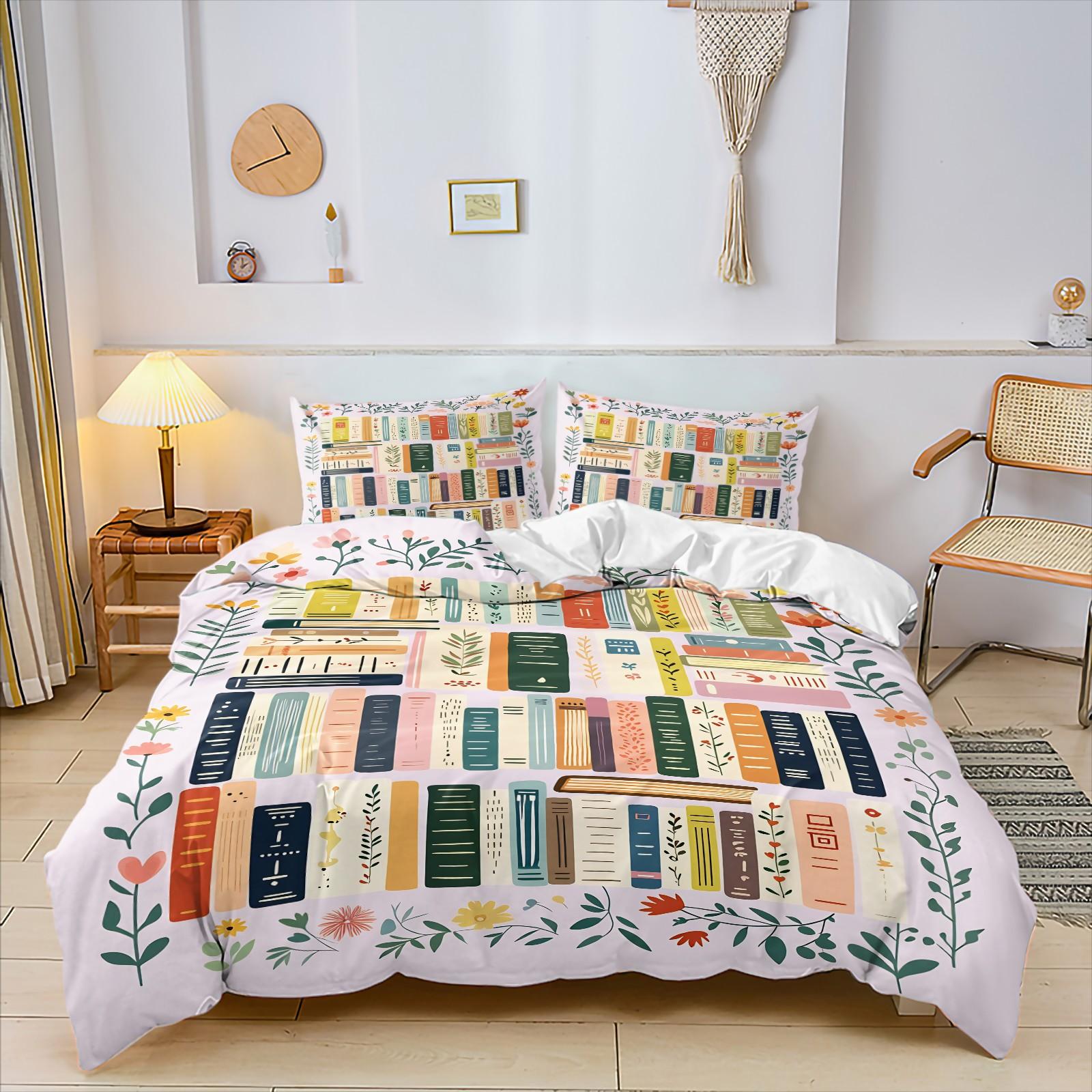 Aesthetic Bookworm Duvet Cover Set, Soft Breathable Microfiber Bedding, Colorful Bookshelf Flower Print Comforter Cover, Bedroom Decor, Perfect Gift for Book Enthusiasts, Includes 1 Quilt Cover & 1-2 Pillowcase