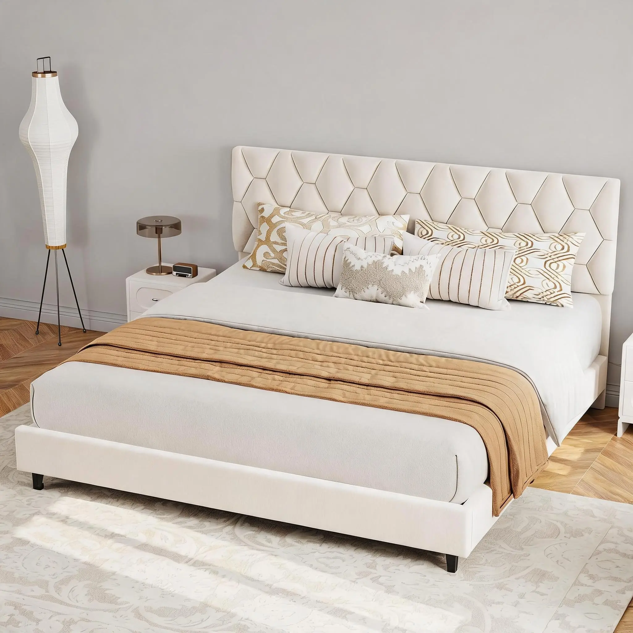 Bed Frame with Upholstered Headboard,Fabric Platform Bed Frame with Diagonal Grid Design, Sturdy MDF and Metal Support, No Box Spring Needed, Modern Style