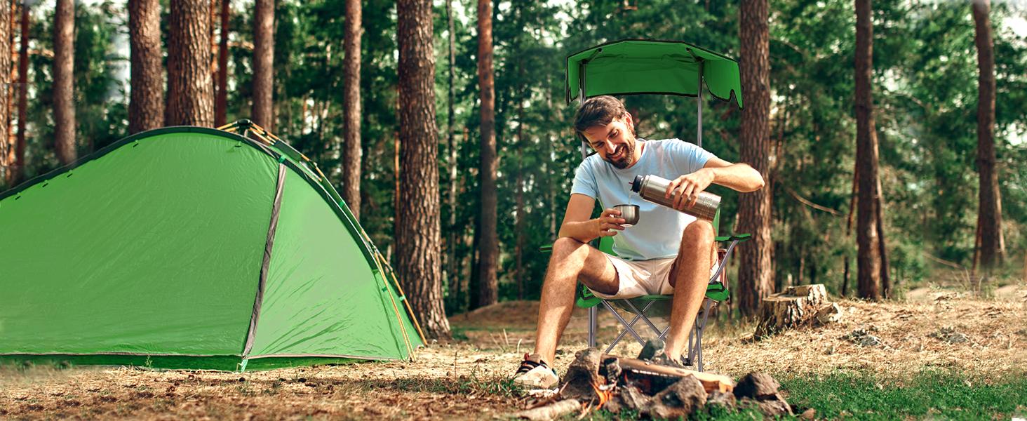 Camping Chair with Canopy, Outdoor Folding Lounge Chair with Adjustable UPF 50+ Sun Shade &Cup Holder, Portable Camping Recliner,350LB Max Support Foldable Wide Sunshade oversized Chair with Shade Canopy Camping Chair with Cup Holder Durable