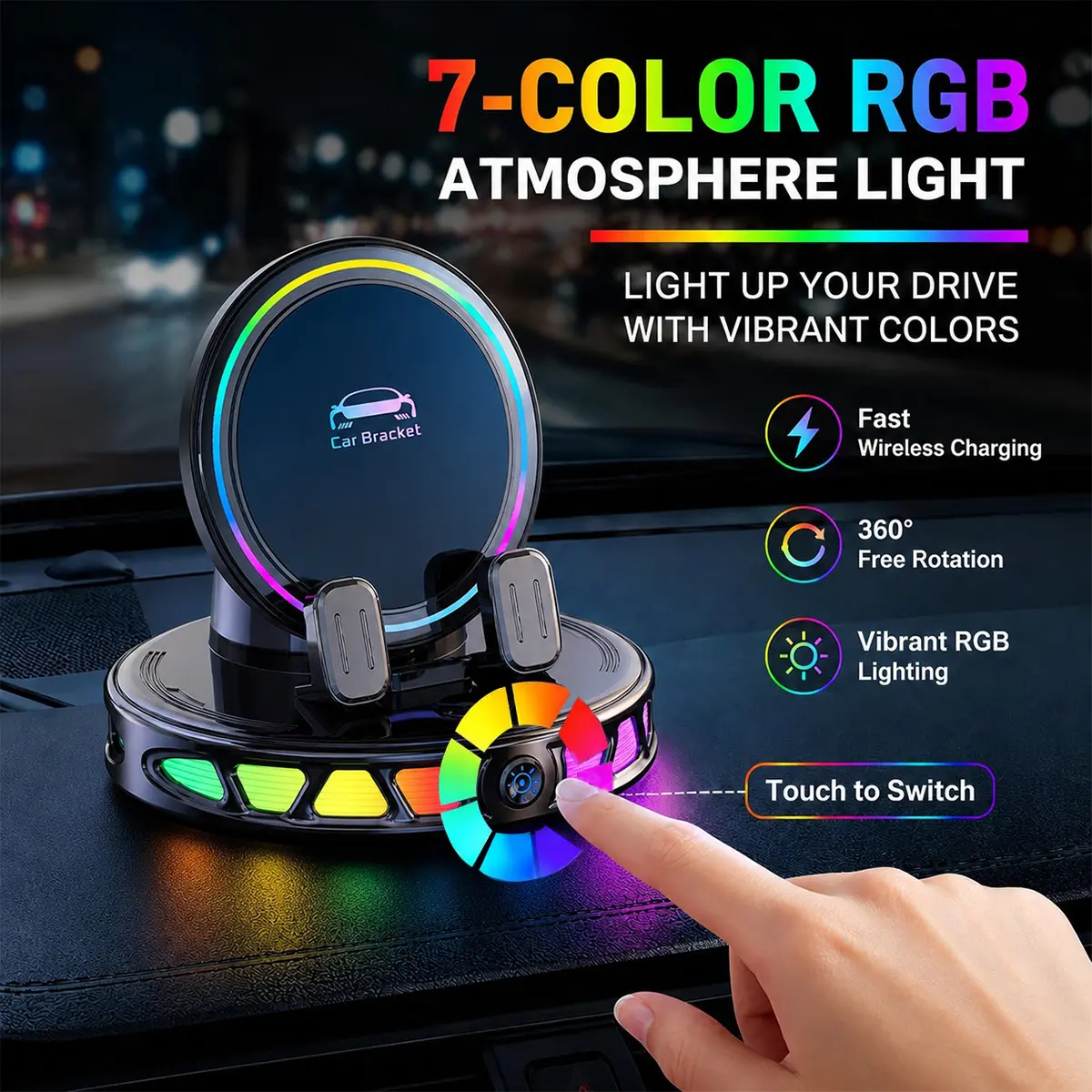 Wireless Car Charger Dashboard Phone Holder,15W Fast Charging One-Hand Operation Rotatable Bracket with RGB Light,Anti-Slip Navigation Mount with Strong Suction Cup, for Most Smart Phone