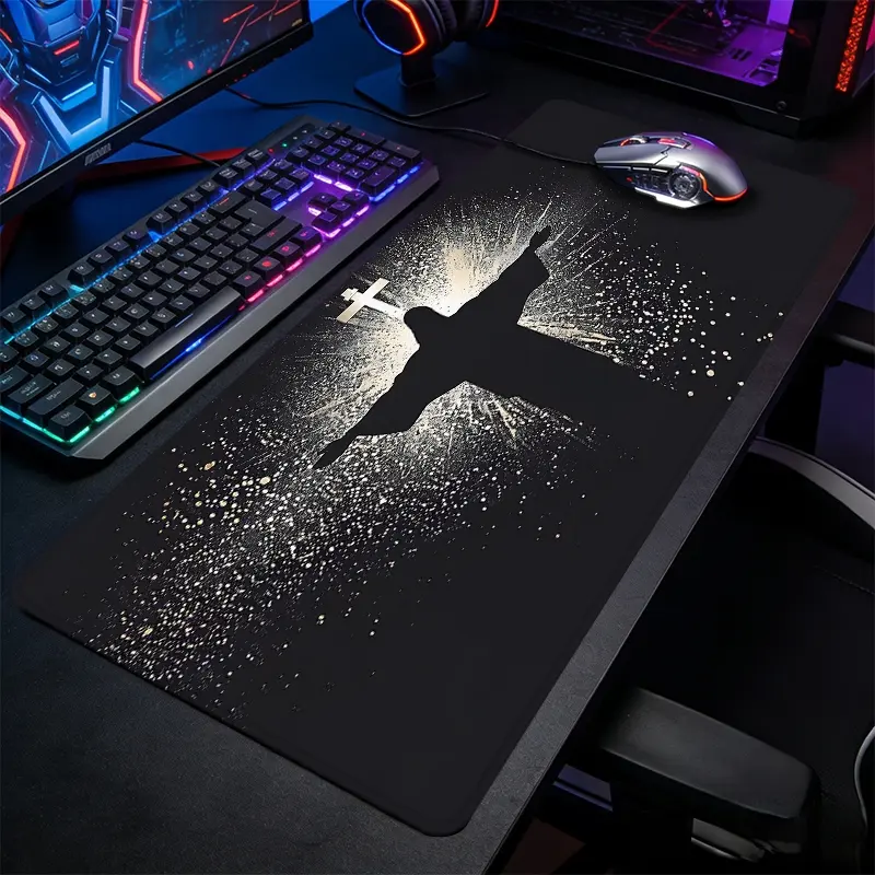 Religious Holy Cross Symbol Large-Sized Gaming Mouse Pad, Minimal Silhouette Art Desktop Protection Pad, Anti-Slip Rubber Lock Edge High-Definition Printing, Suitable For Computers, Laptops, Offices, Homes, Schools, Great Gift For Family And Friends