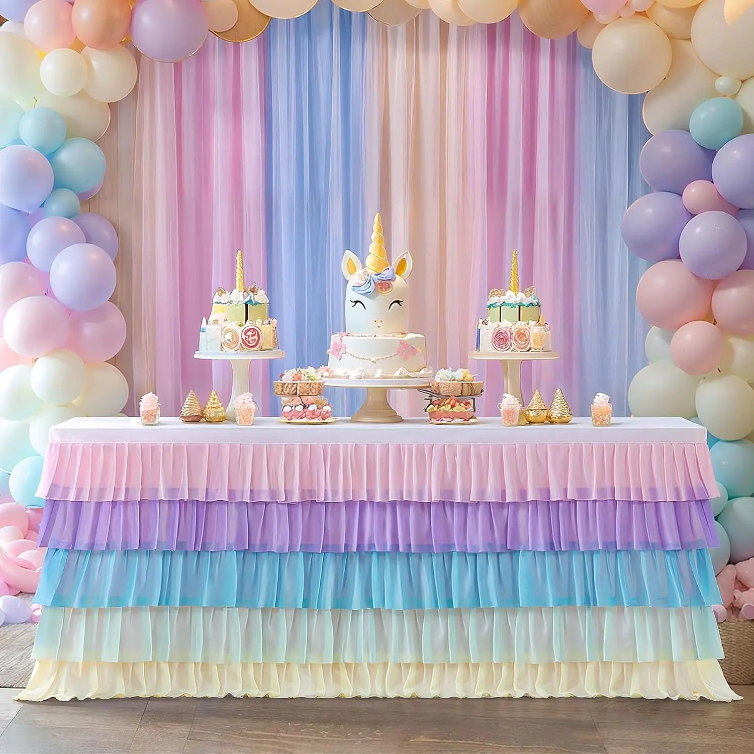 Pastel Rainbow Table Skirt Ruffle Party Tablecloth for Rectangle Table 6ft Birthday Party Baby Shower