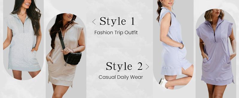 UANEO Womens Half Zip Sweatshirt Dresses Summer V Neck Sleeveless Pullover Tunic Tops Mini Dress