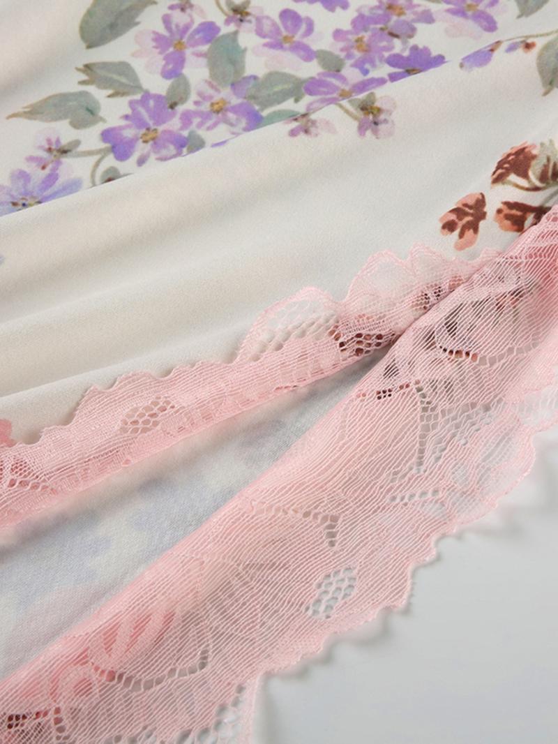 Women's Floral Patchwork Print Lace Trim Dress, Summer Clothes Women, Boho Aesthetic Fashion Long Dress for Beach Holiday Vacation, Ladies Dress for Summer