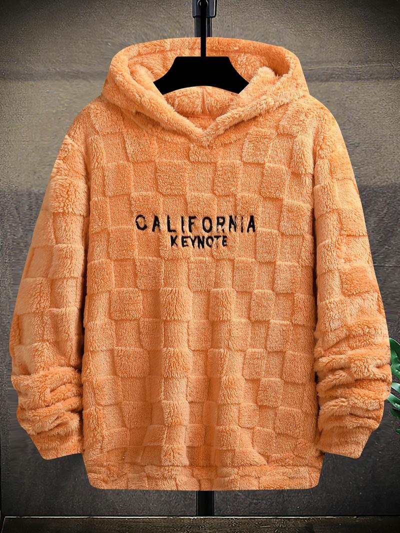 Men's Letter Embroidery Drop Shoulder Fuzzy Hoodie, Regular Fit Casual Fashion Fabric Long Sleeve Hooded Sweatshirt for Spring & Fall, Mens Clothing, Fashion Men's Longsleeves Clothes for Daily Wear, Streetwear, Trendy Clothes