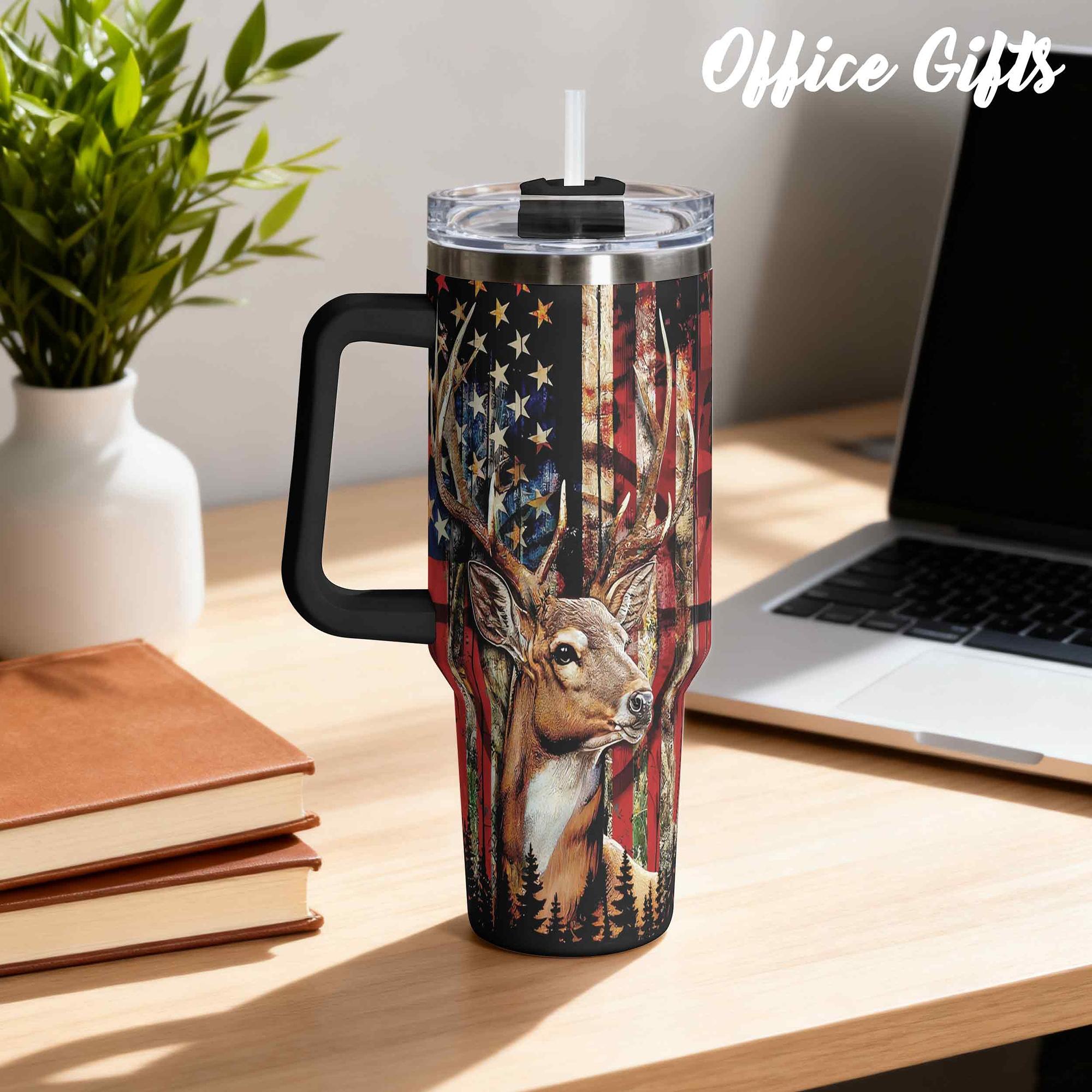 40oz, 1pc Gift, Stainless Steel Cup, Insulated and Durable, Stainless Steel Tumbler, Featuring a beautiful American Flag Deer Design, Perfect Gift for Horse Lovers and Equestrians, Great for Hot or Cold Beverages