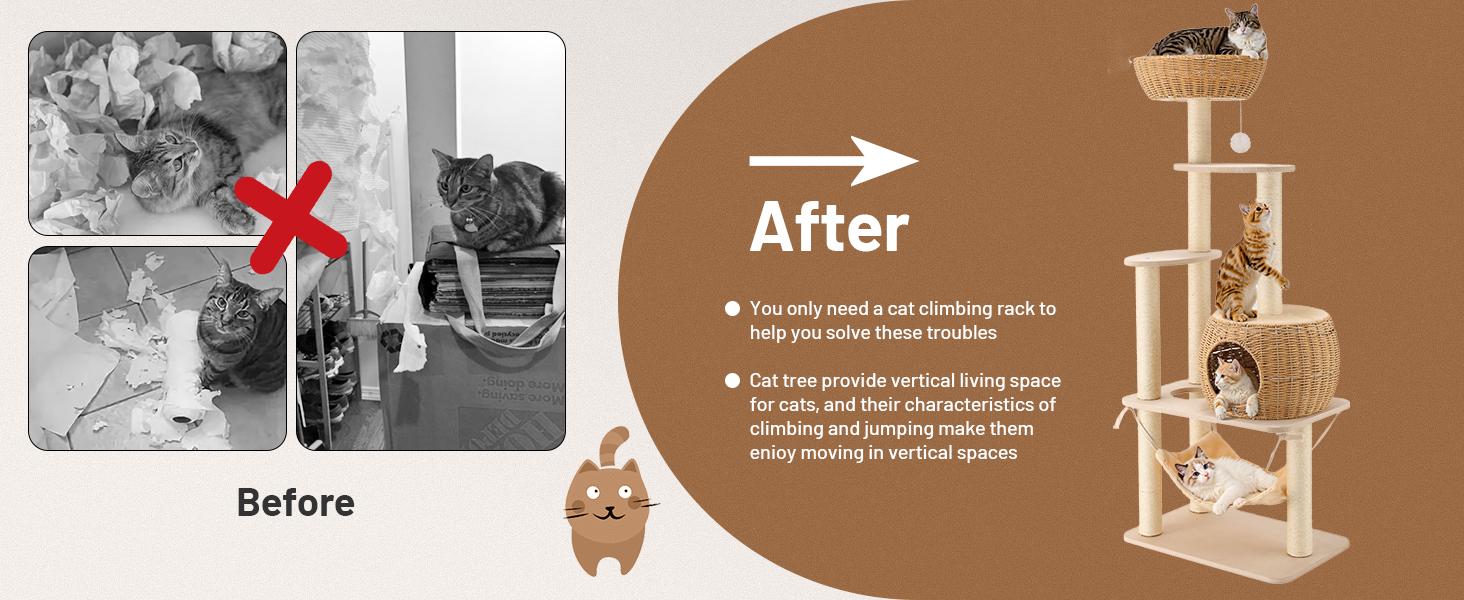 Multi - Level Rattan Cat Tree Tower with Scratching Posts & Lounging Areas for Indoor Cats