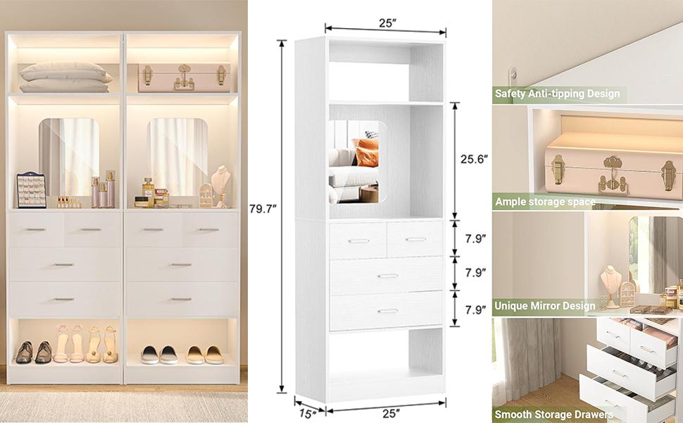 80'' Height Freestanding Wood Closet System, DIY Reversible Stand-alone Wardrobe Walk-in Closet Garment Organizer with Hanging Rod and Drawers, White
