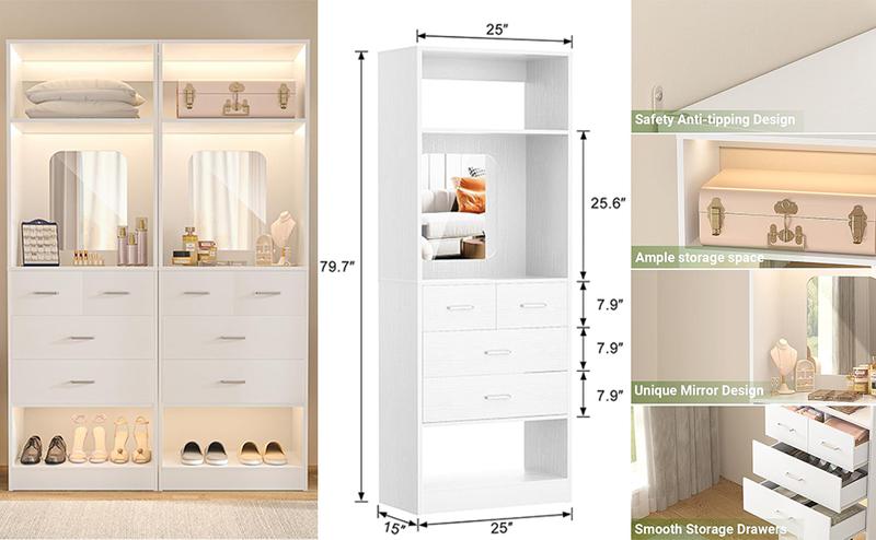 80'' Height Freestanding Wood Closet System, DIY Reversible Stand-alone Wardrobe Walk-in Closet Garment Organizer with Hanging Rod and Drawers, White