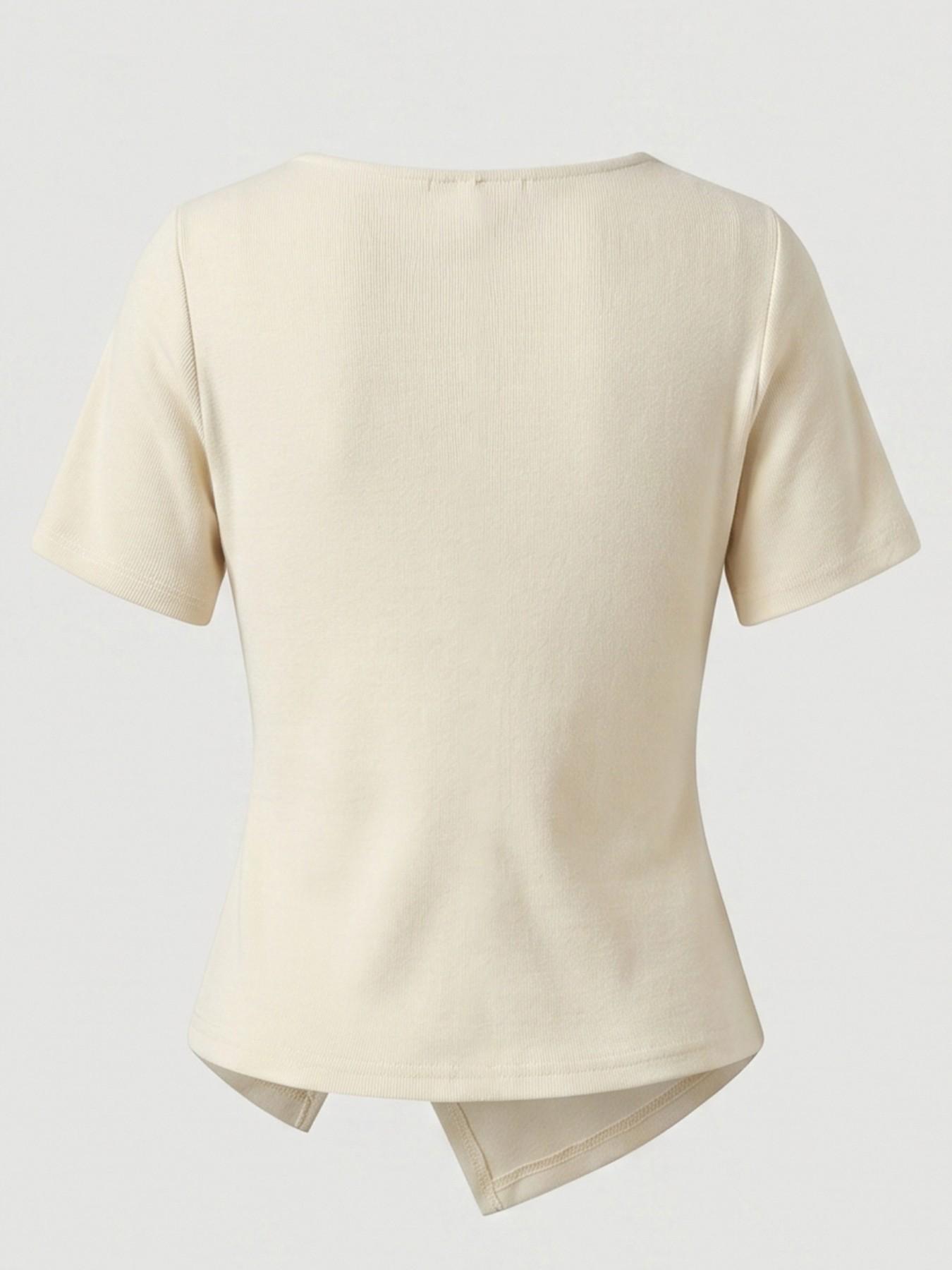 French Style Unique Slanted Neck Fitted T-Shirt, Waist Cinched, Casual ...