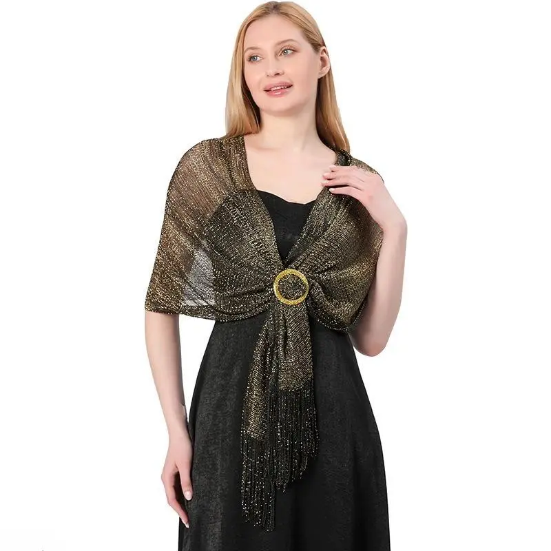 Button Closure Lurex Fabric Wrap Scarf with Sparkle Effect, Bride Cover-Up for Wedding, Prom & Banquet Party Bag Accessory