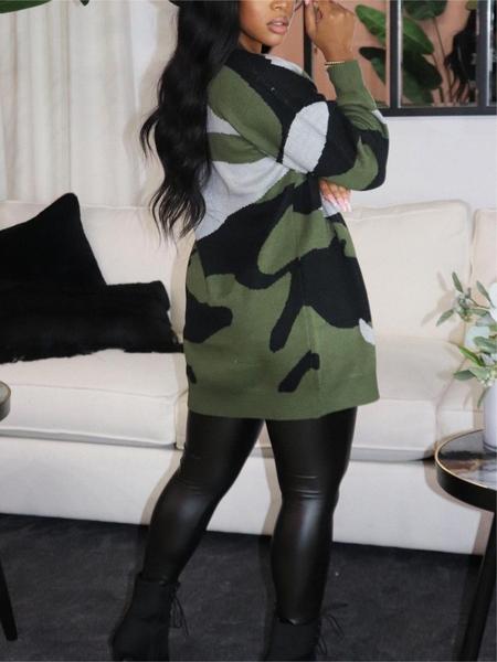 Women's Camo Print Open Front Cardigan, Casual Long Sleeve Drop Shoulder Knit Outerwear, Ladies Fall & Winter Clothes, Women Fall Outfit, Colorblock Stylish Fashion Midi Cardigan Sweater, Winter Sweater for Women, Autumn Knitwear for Women, Womenswear