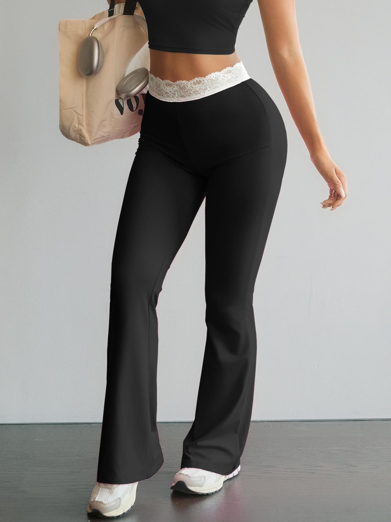 Women's Lace Trim Waistband High-Waisted Leggings, Stretchy Tight-Fitting Pants, Athleisure Style Bottoms for Gym Workout Street Outdoor Casual Running Hiking All Seasons