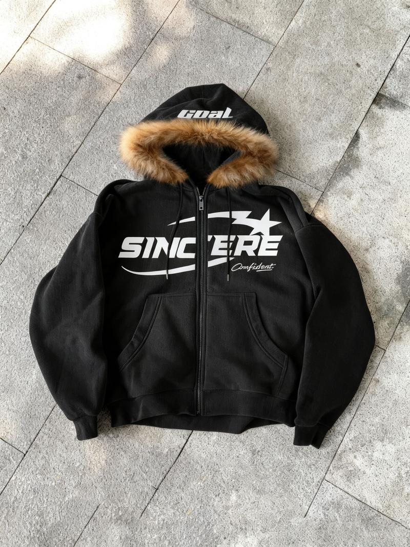 Unisex Zippered Hoodie with Faux Fur Collar, Color Block Star Print Street Style, Retro Urban Fashion for Spring & Fall