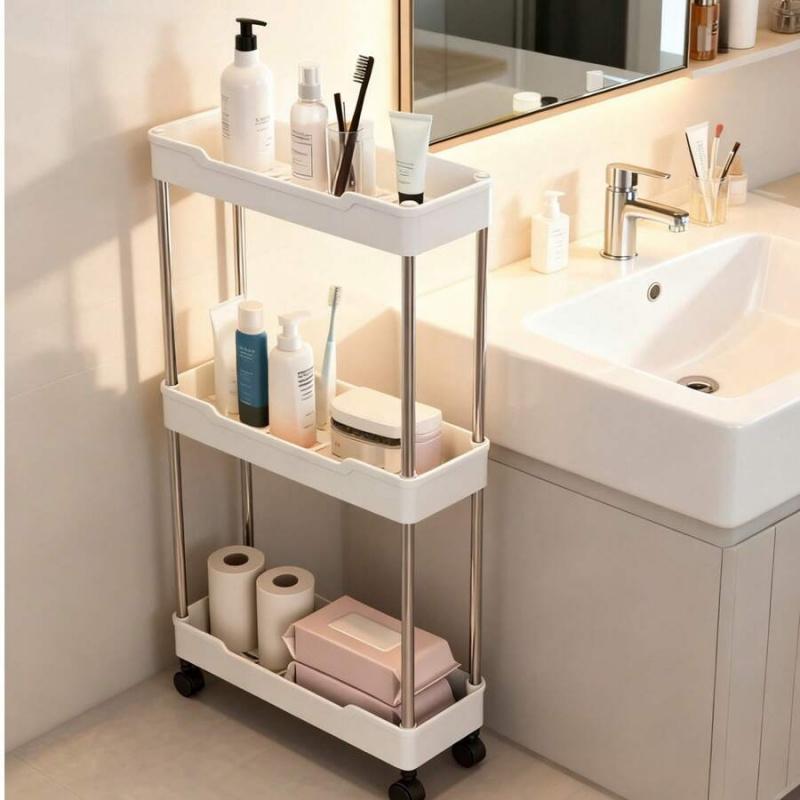 Maximize Tight Space Slim 3-Tier Rolling Storage Cart Smooth Silent Wheels Sturdy Metal Poles Multi Scene Narrow Gap Organizer Bathroom Organizer Rack For Laundry Bathroom Kitchen