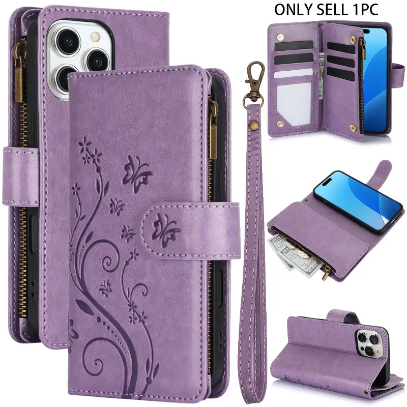 Butterfly patterned shock-absorbing Protective phone case suitable for PU synthetic leather back cover of iPhone 18 17 Air 16E 16 15 14 13 12 11 Pro Max Plus, with detachable wristband, bracket, zipper wallet, card slot, men's and women's phone case cover
