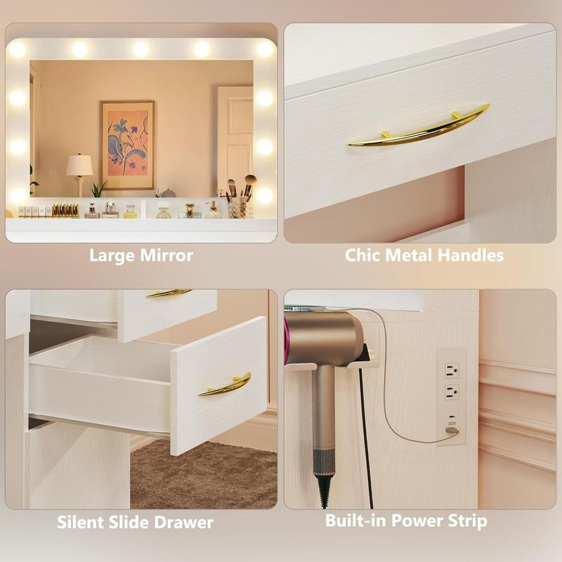 [ChristmasGifts] Large Makeup Vanity Desk with Lights, 50" Wide Vanity Table with Mirror & 3 Lighting Modes, Built-in Power Outlet, 5 Drawers & 2 Cabinets, Spacious 23.6" Legroom, White