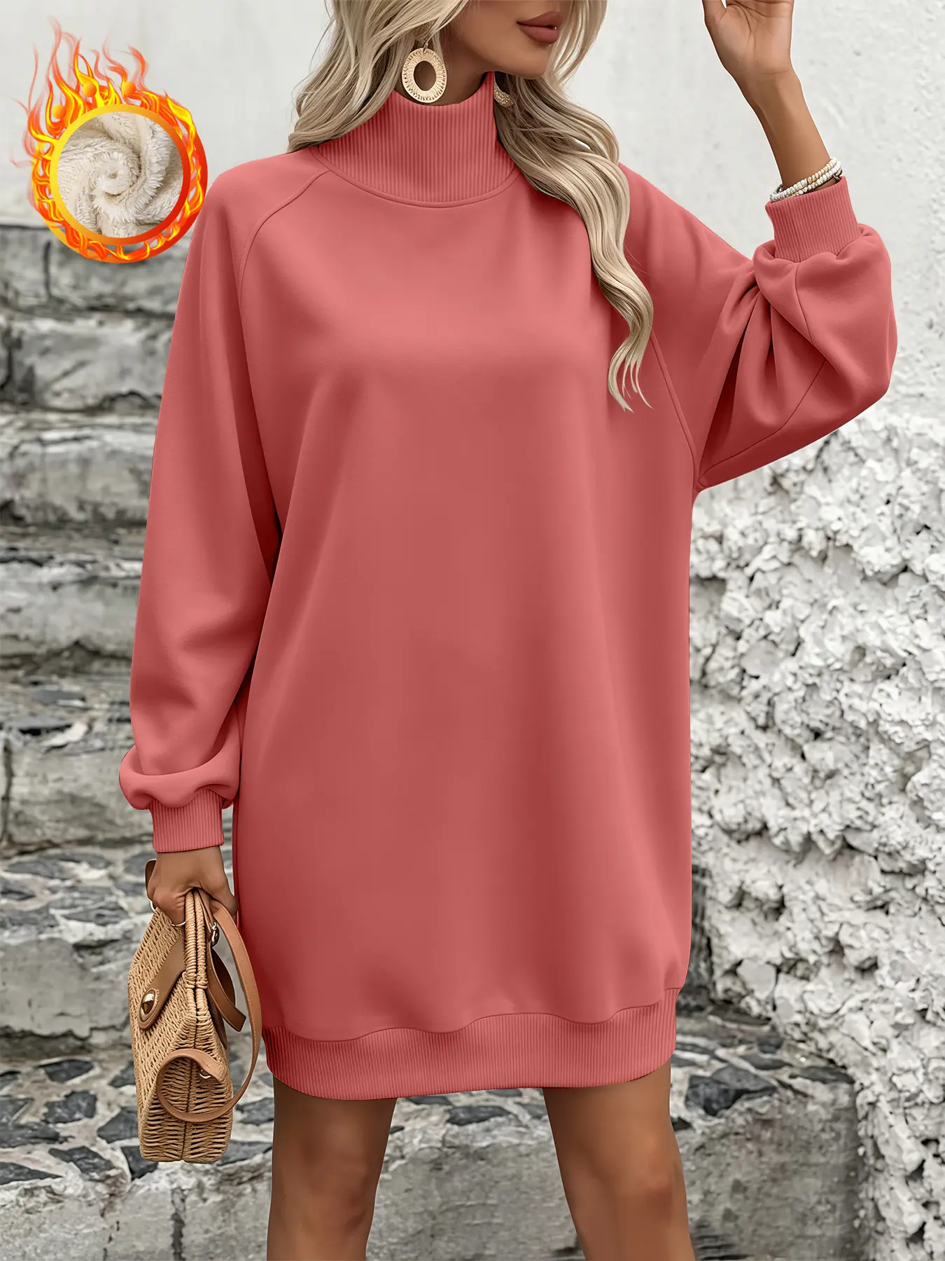Mock Neck Long Sweatshirt for Women, Long Sleeves Thick Fleece Warm Pullover Tunic Top