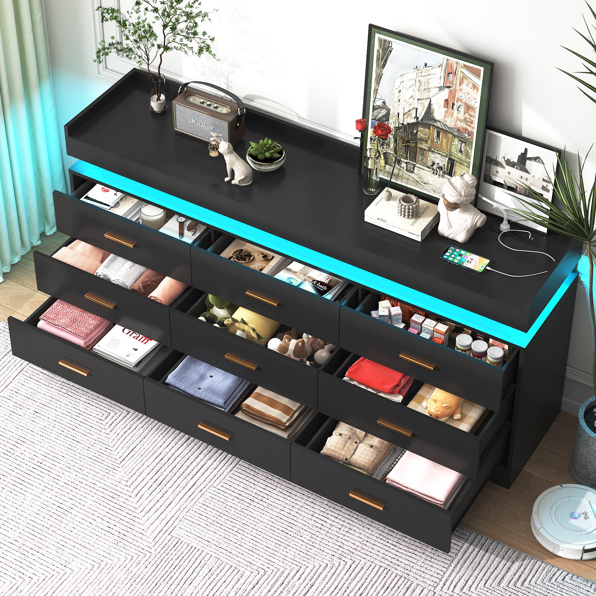 Dresser with LED Light, Modern Chest of Drawers for Closet, Wide Drawer Organizer Cabinet for Bedroom, Living Room, Entryway, Hallway, White/Black