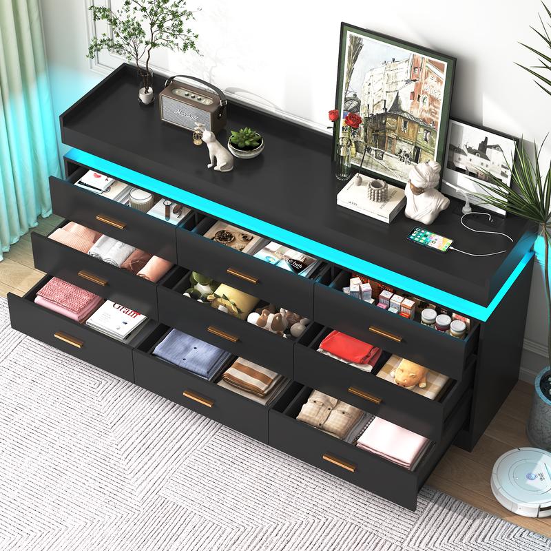 Dresser with LED Light, Modern Chest of Drawers for Closet, Wide Drawer Organizer Cabinet for Bedroom, Living Room, Entryway, Hallway, White/Black