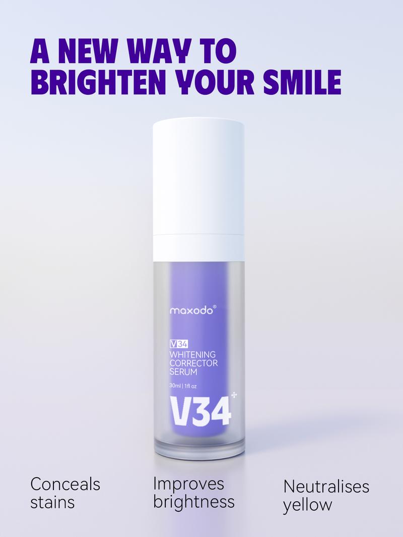 Maxodo V34 Purple Toothpaste for Teeth Whitening in 7 Days - Targets Yellow Stains, Sensitive Teeth, Enamel Safe, Fresh Breath Oral Care Serum, Gentle Gum Health, 30ml Correction
