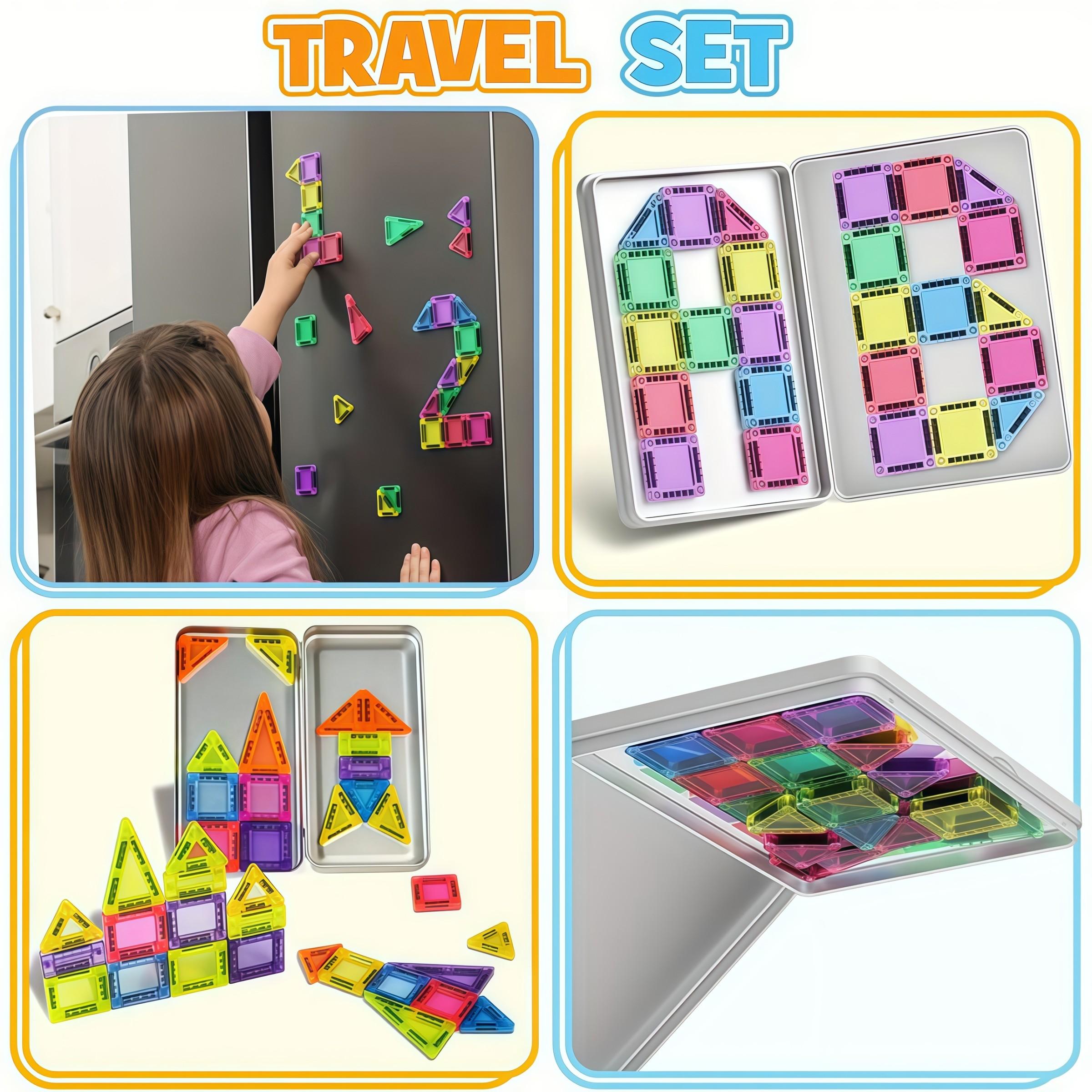 2027 Mini Magnetic Building Blocks, 42 Pieces - Montessori Education Magnetic Travel Building Set, with Iron Storage Box, Airplane-Shaped Toy, Suitable as a Birthday Gift for Boys and Girls, and an Essential for Outdoor Camping Trips
