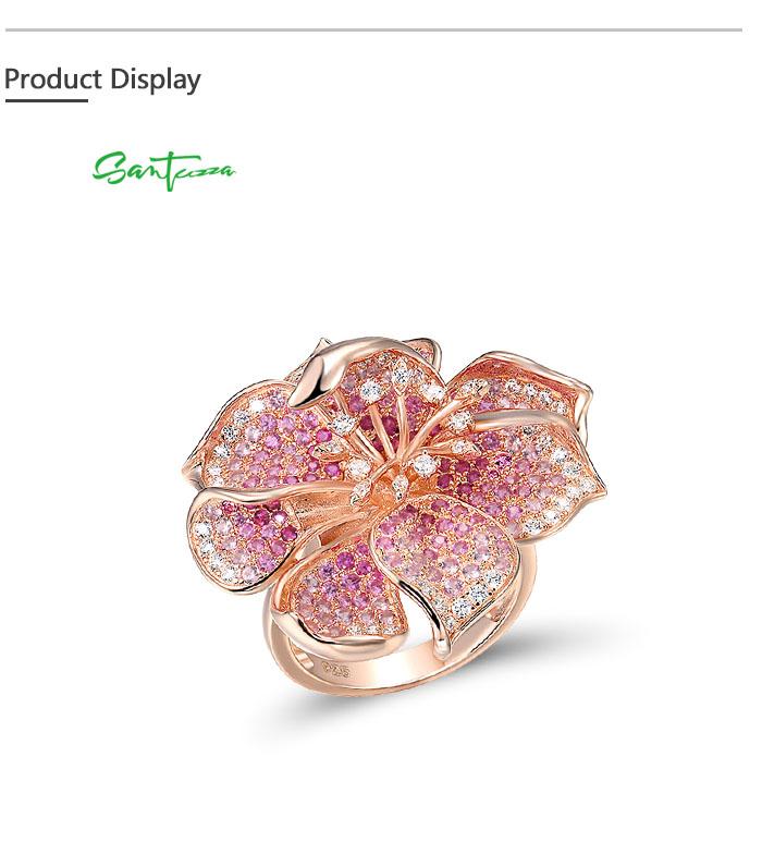 SANTUZZA 925 Silver Created Pink Sapphire White Cubic Zirconia Ring Blossom Hibiscus Charming Fashionable Jewelry