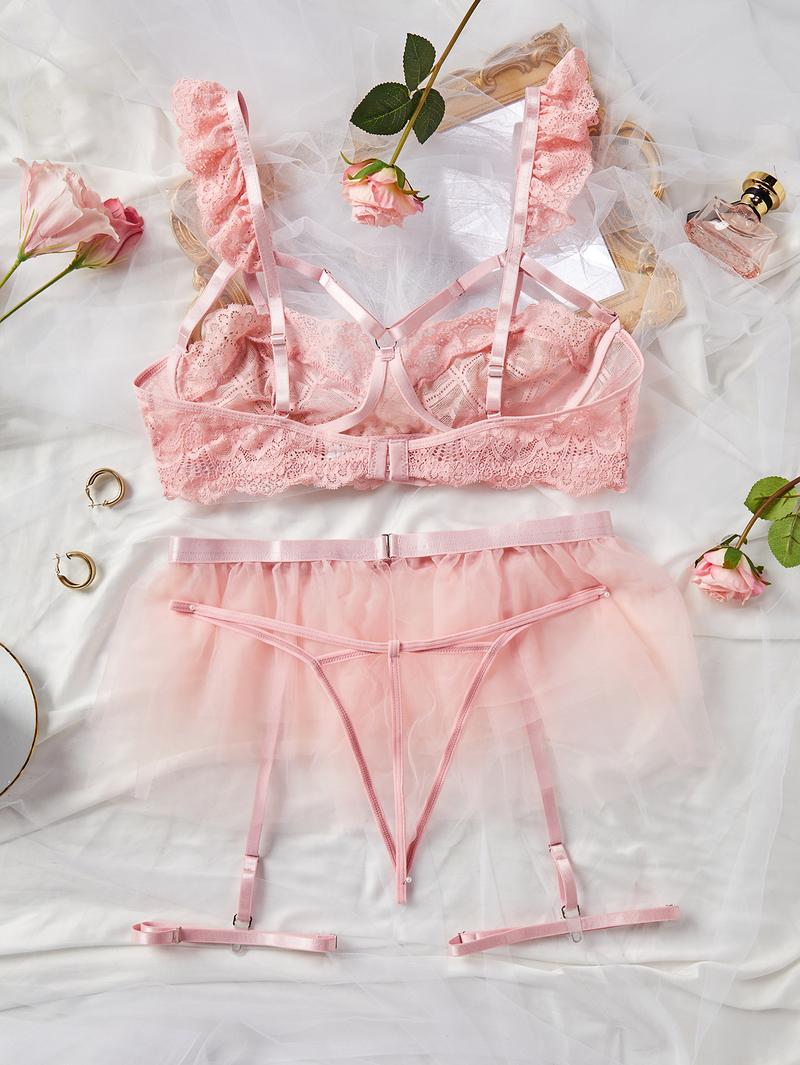 Women's Lace Sexy Lingerie Three-piece Set, Solid Color Cut Out Bra & Thong & Garter Belt with Thigh Ring, Lingerie Set for Women