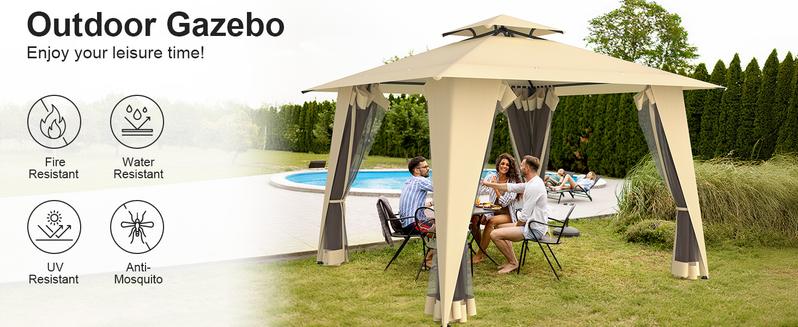 Gazebo, 11.5x11.5 Patio Gazebo Waterproof Canopy Tent UV-Resistant 2-Tier Top Sturdy Outdoor Canopy Tent for Camping with Mosquito Netting for Garden Patio Backyard